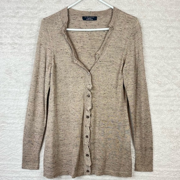 ELIE TAHARI Metallic Linen Blend Button Down Cardigan Ruffled Minimalist - Picture 1 of 14